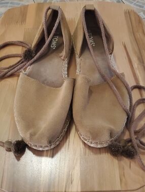 TOMS Suede Espadrille Flats in Tan with Ankle Ties